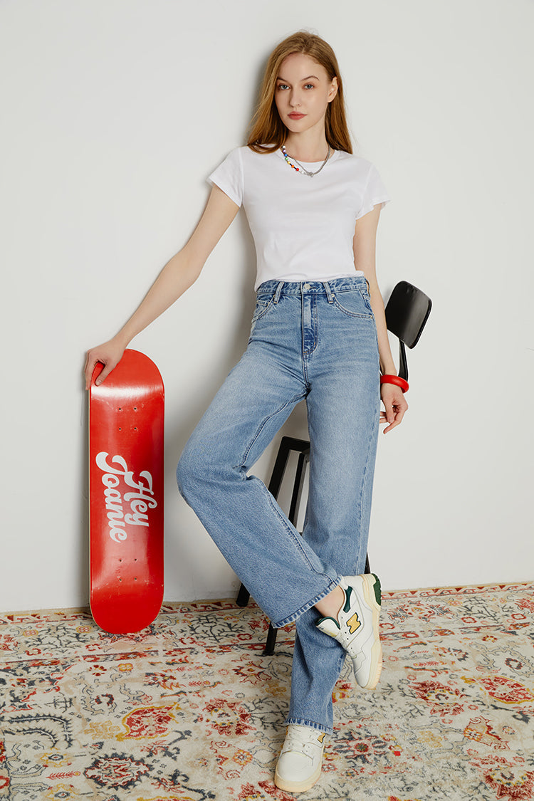 Hey Joanie Coney Island Whitefish high-rise wide jeans with a relaxed fit and classic denim wash, front view.