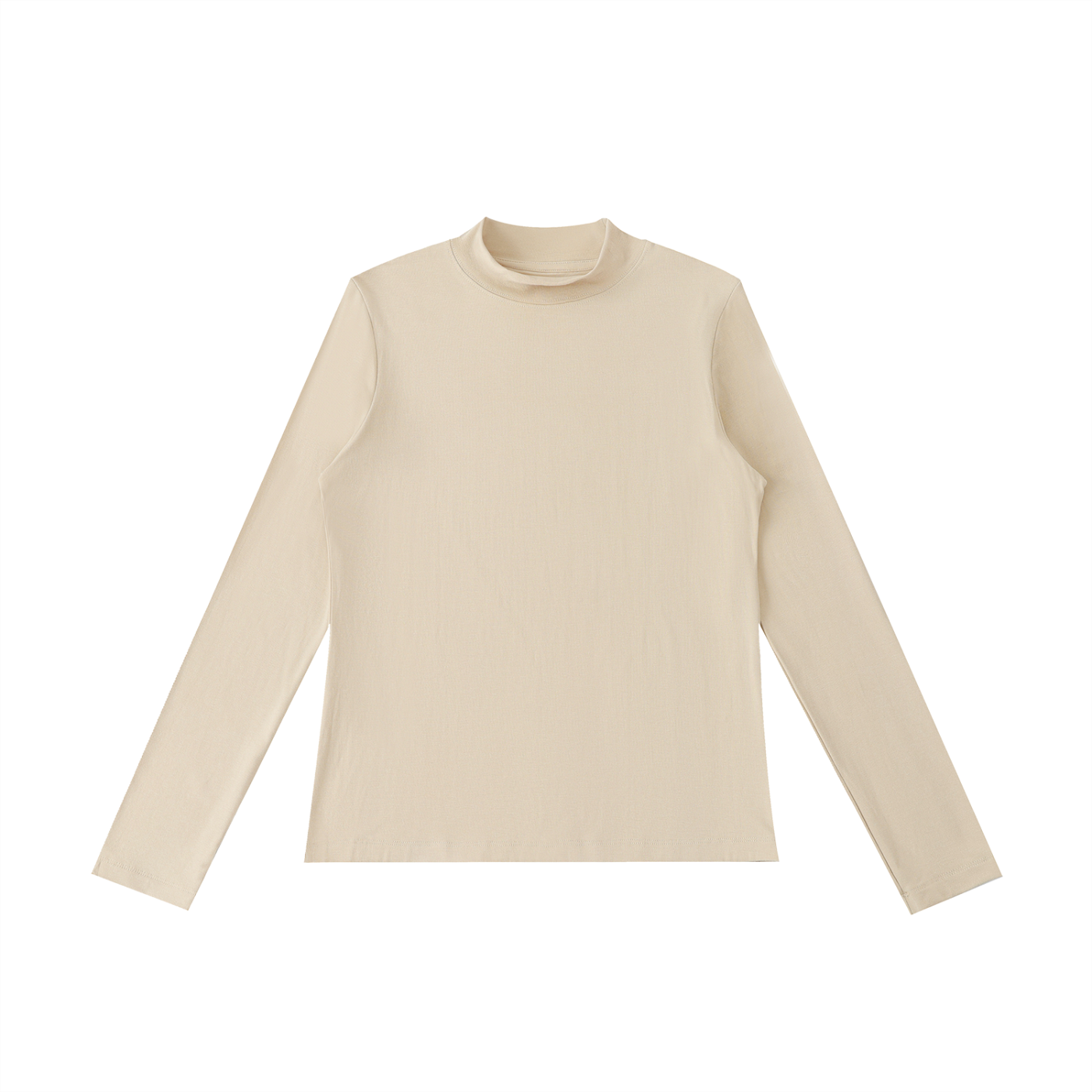 ODMPOD Essential mock neck long sleeve T-shirt in neutral fabric, featuring a fitted design and ribbed mock collar.