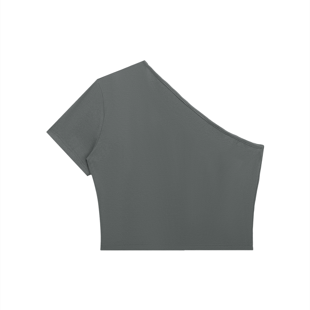 ODMPOD one-shoulder crop T-shirt in black, showcasing its stylish asymmetric design and fitted silhouette.