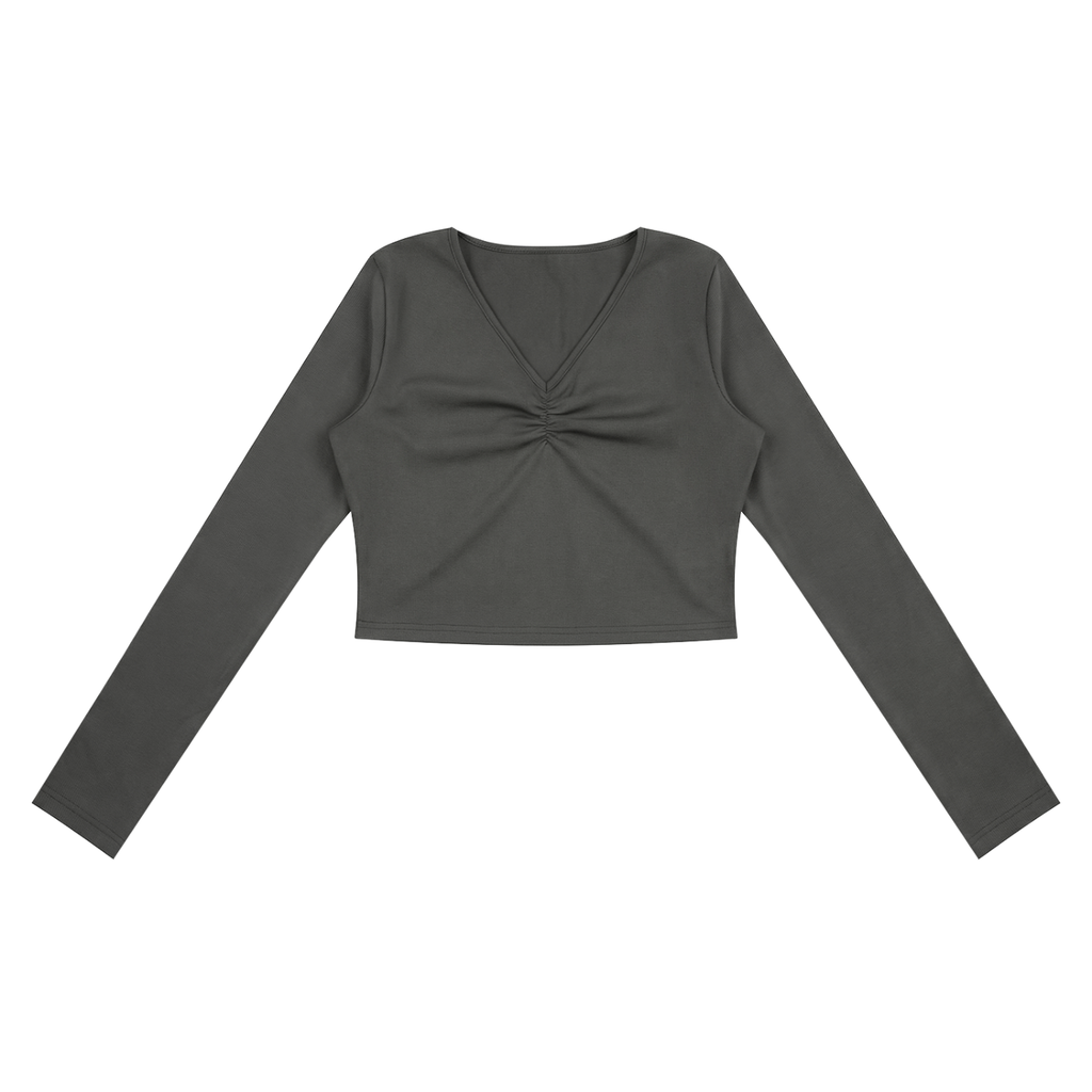 ODMPOD ruched long sleeve crop T-shirt in black, featuring a fitted design and stylish ruching details.