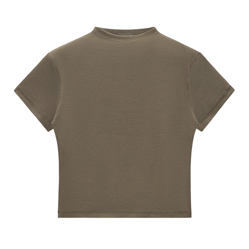 ODMPOD Essential Slim Fit Mock Neck T-Shirt in black, featuring a close-fitting design and mock neckline, casual and stylish.