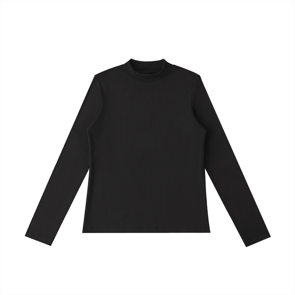 ODMPOD Essential mock neck long sleeve T-shirt in neutral color, close-up showing soft fabric and fitted design.