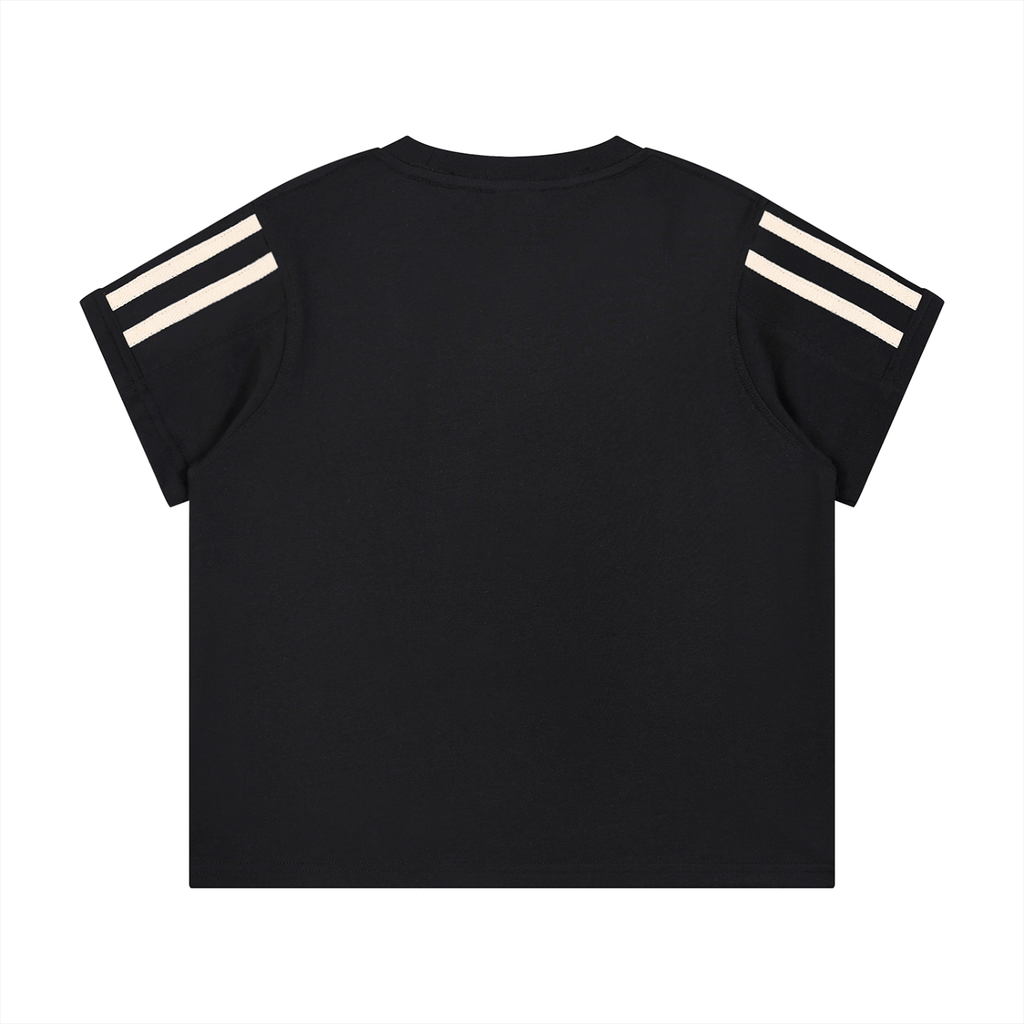 ODMPOD varsity stripe T-shirt showing a casual fit with contrasting stripe details on the chest and sleeves.