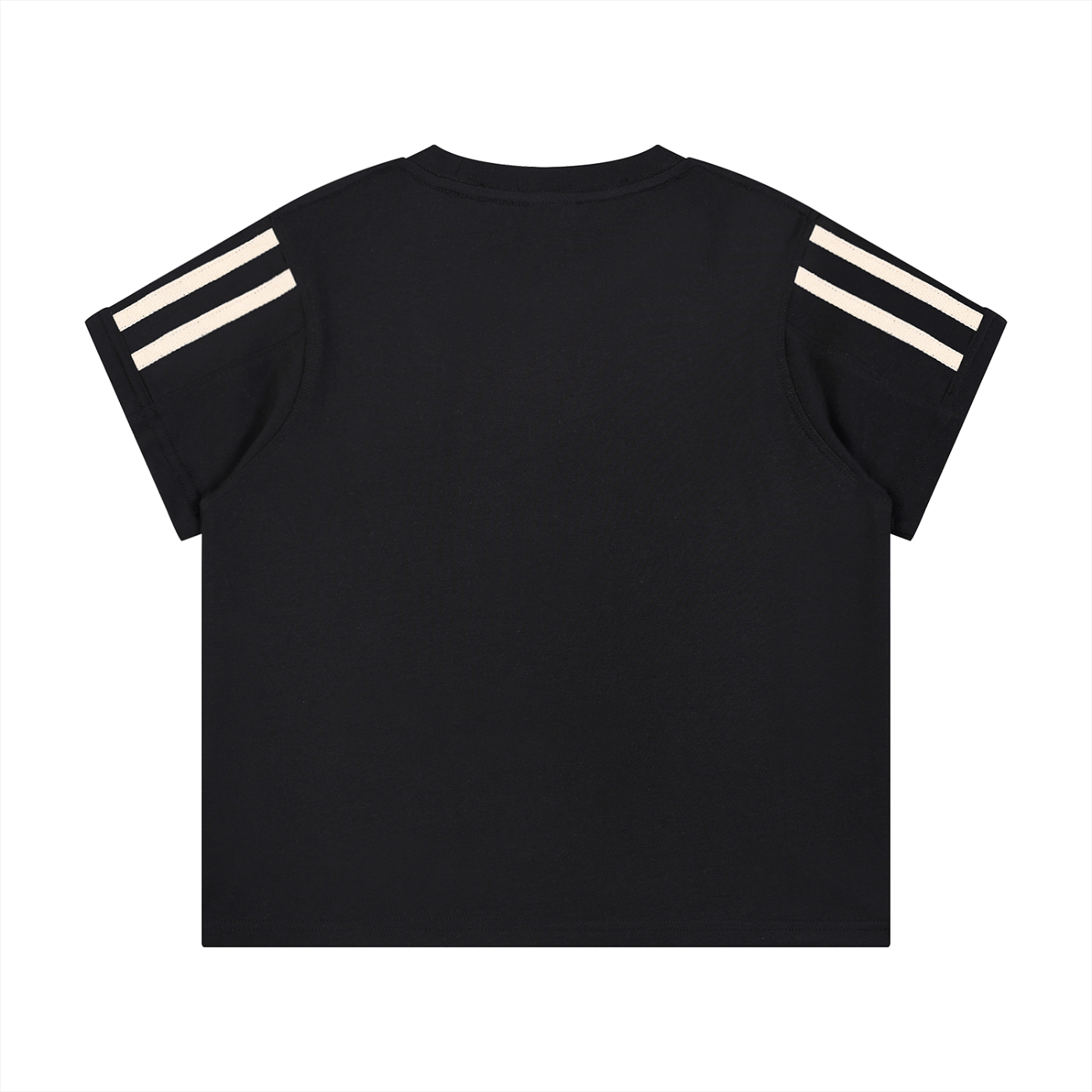 ODMPOD varsity stripe T-shirt showing a casual fit with contrasting stripe details on the chest and sleeves.