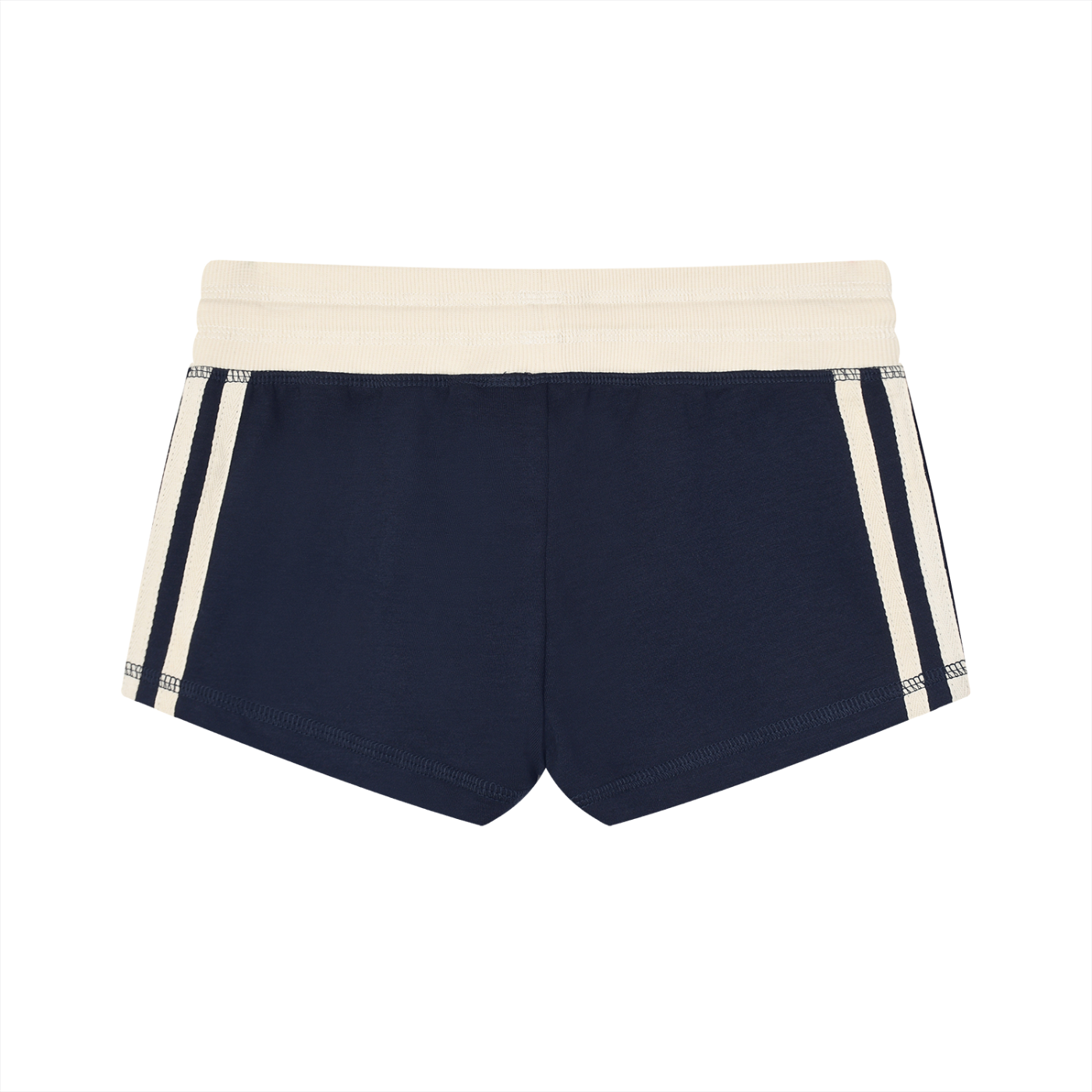 ODMPOD contrast stripe track shorts featuring black fabric with white stripe accents, casual athletic design.