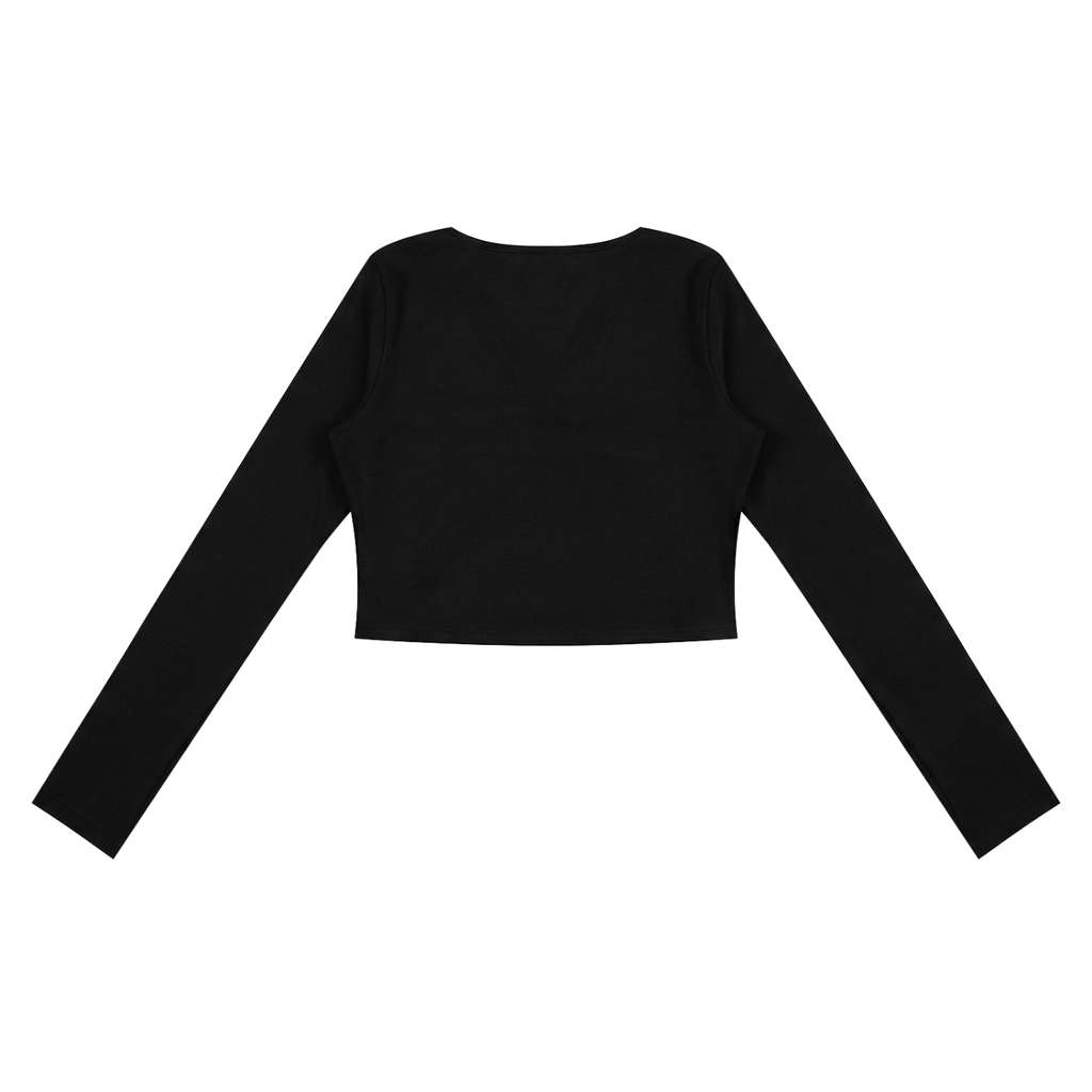 ODMPOD ruched long sleeve crop T-shirt in black, featuring a fitted design with ruching detail and long sleeves.