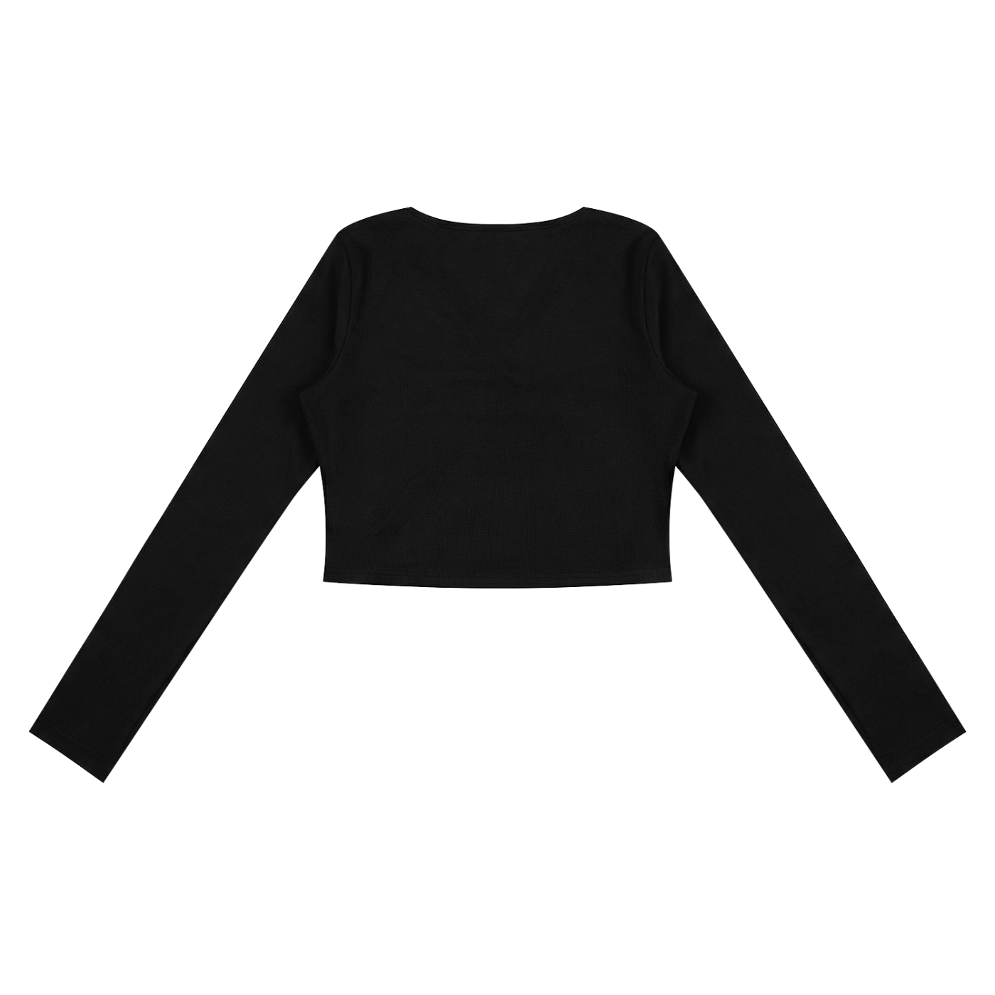 ODMPOD ruched long sleeve crop T-shirt in black, featuring a fitted design with ruching detail and long sleeves.