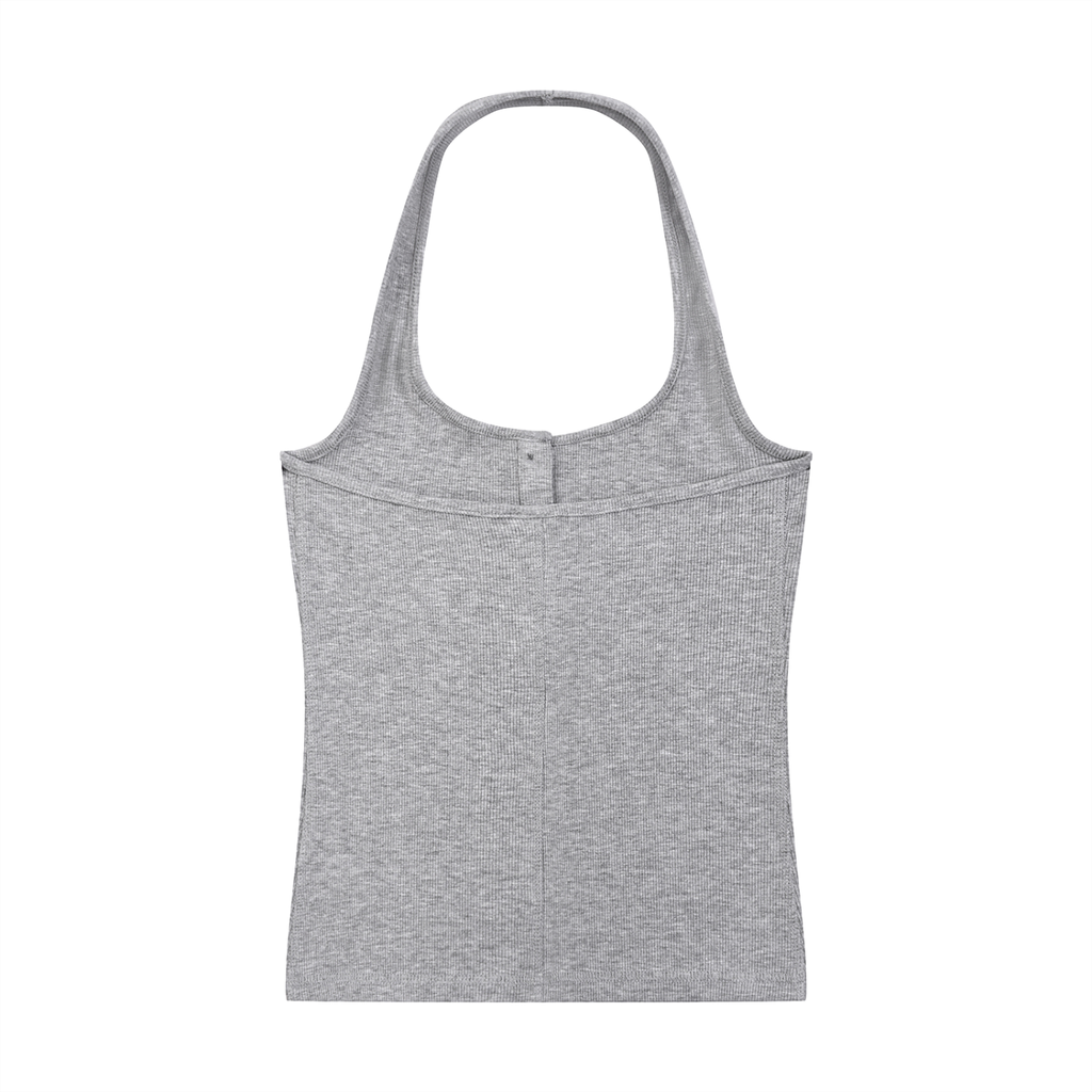 ODMPOD ribbed Henley tank top, close-up of beige sleeveless shirt with buttoned neckline and ribbed fabric detail.