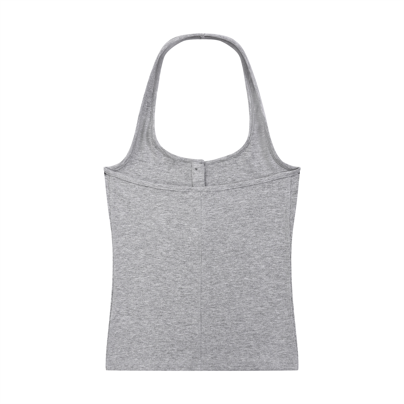 ODMPOD ribbed Henley tank top, close-up of beige sleeveless shirt with buttoned neckline and ribbed fabric detail.