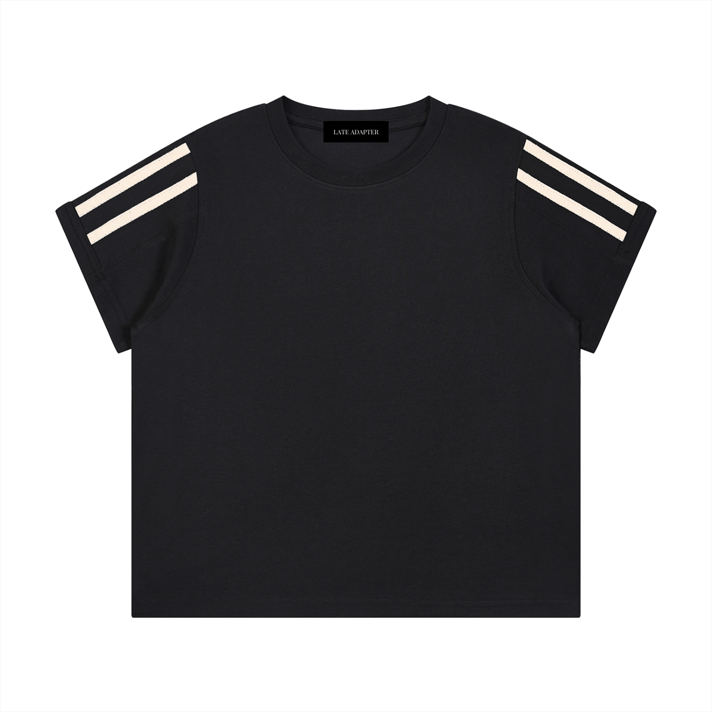 ODMPOD Varsity Stripe T-Shirt with colorful striped pattern, classic crew neck, and short sleeves on a plain background.