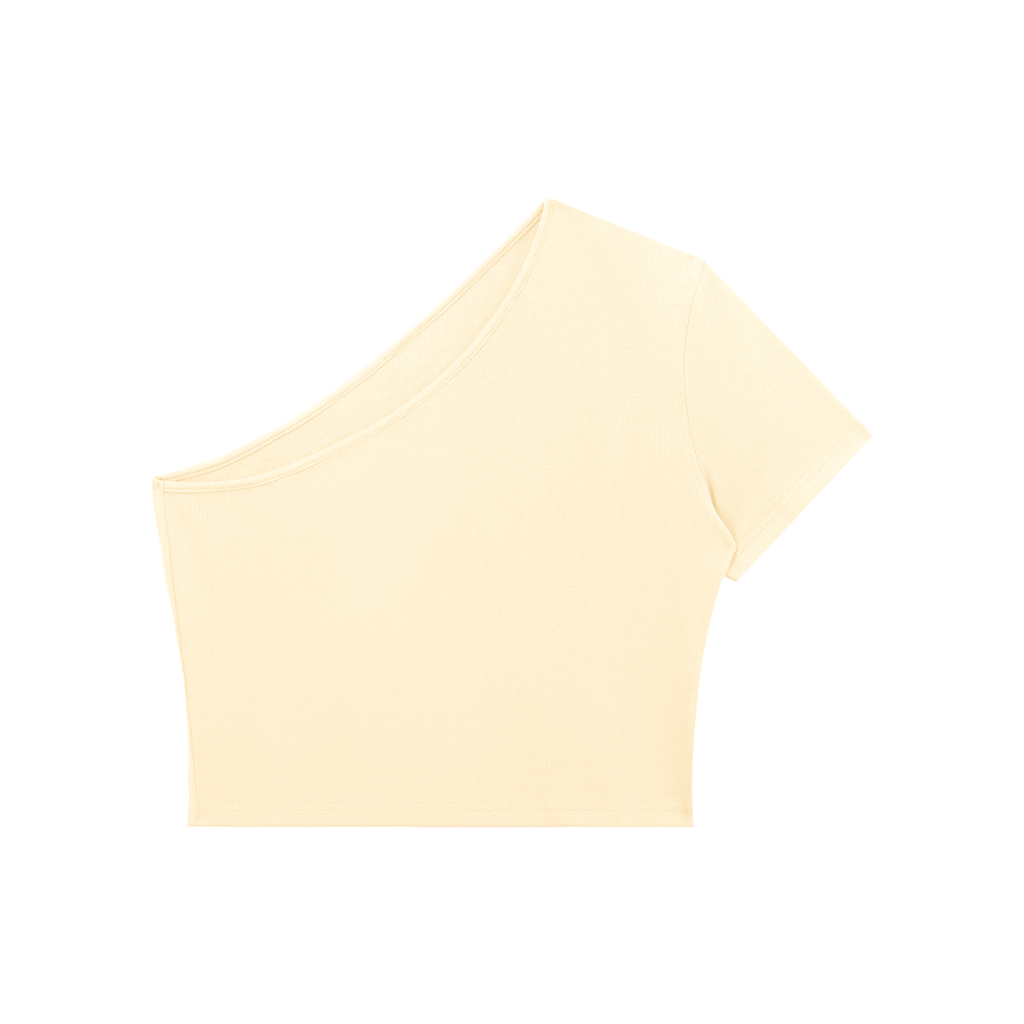 ODMPOD one-shoulder crop T-shirt displayed on a model, showcasing a stylish, casual design with a single shoulder cutout.