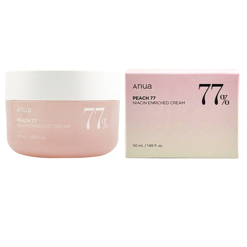Anua Peach 77 Niacin Enriched Cream bottle, Korean skincare product with peach extract, 50ml, showcasing the cream's packaging.