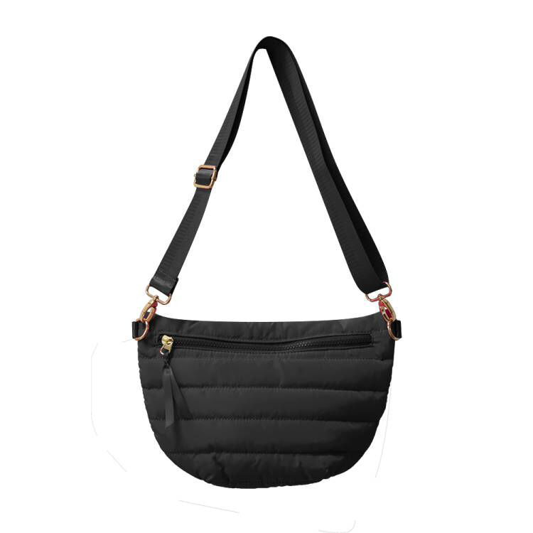 Babs+Birdie Crescent Puffer Sling Bag with quilted design and adjustable strap, stylish compact accessory for everyday use