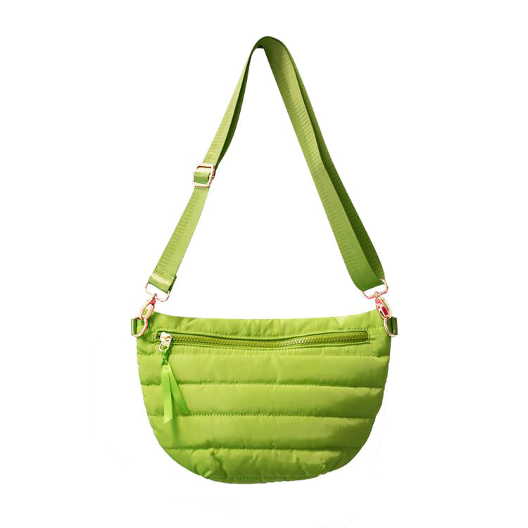 Babs+Birdie Crescent Puffer Sling Bag with quilted design and adjustable strap, stylish and compact for everyday use.