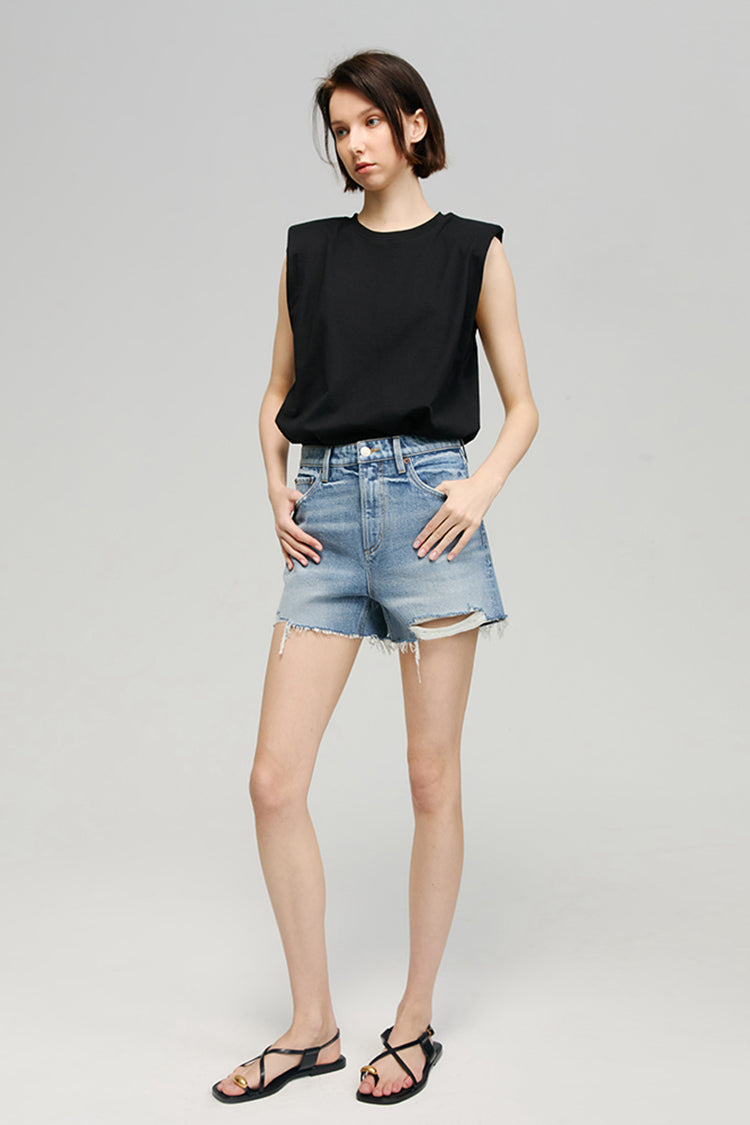 Vintage Sun-Kissed Cut Off Shorts by Hey Joanie, showcasing distressed denim and frayed hems on a casual style pair.