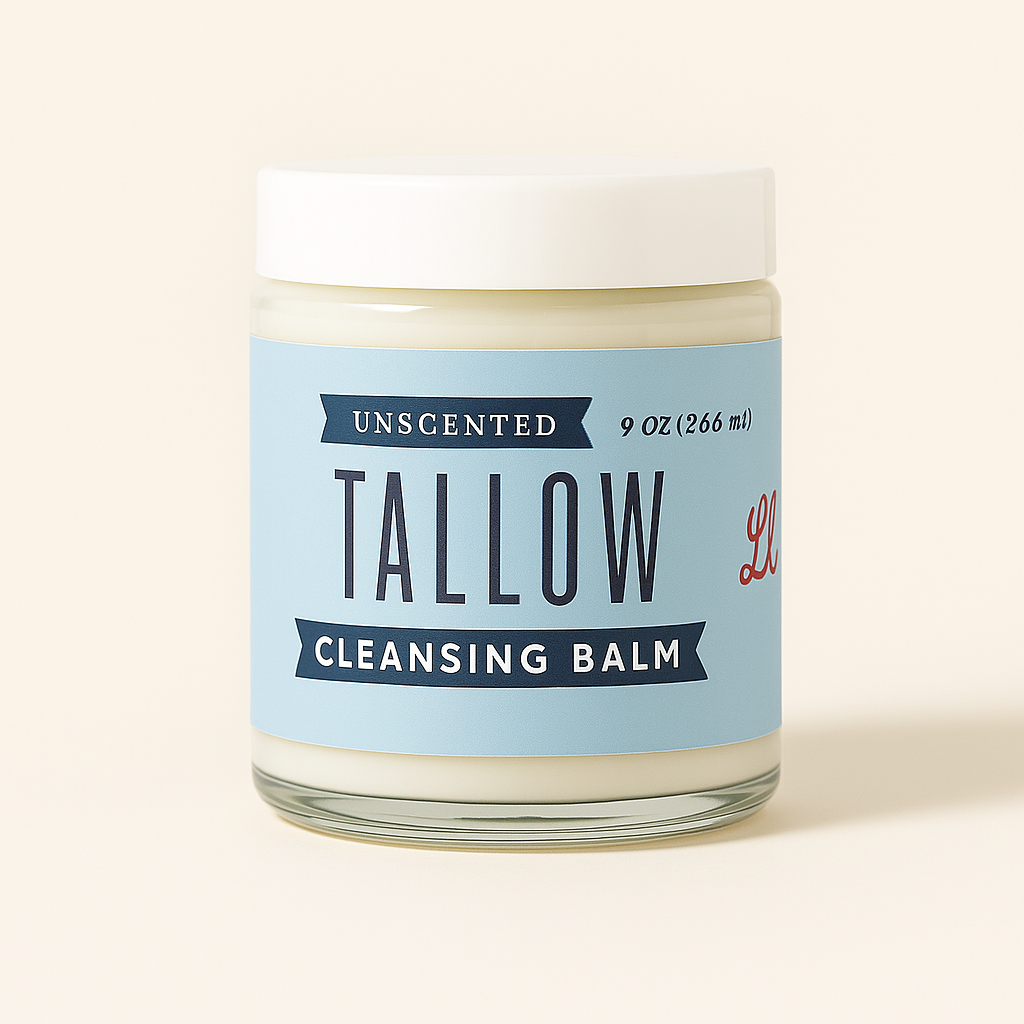 Unscented tallow cleansing balm by The Lady May, a natural makeup remover in a creamy body lotion texture.