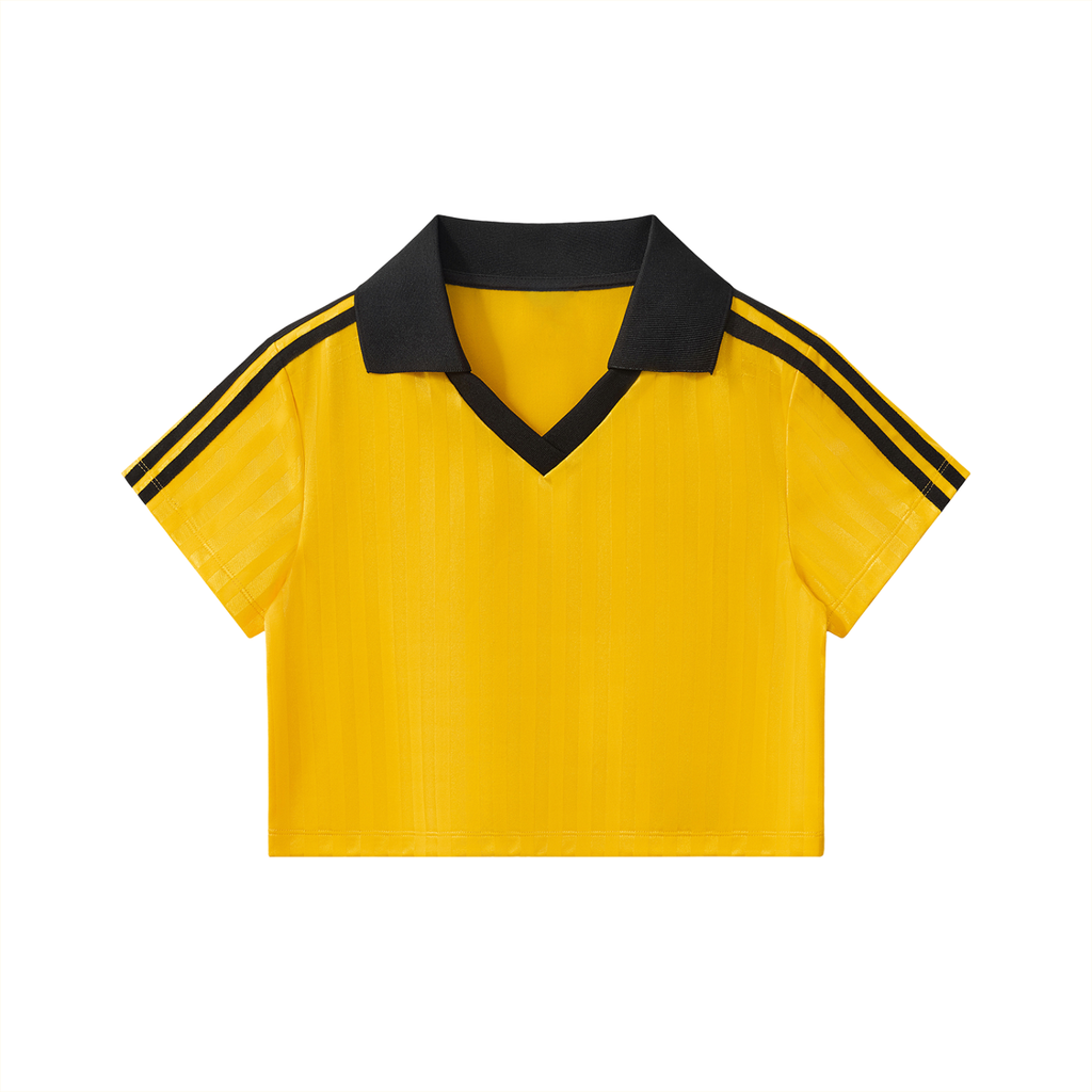 ODMPOD contrast collar striped cropped jersey featuring a fitted design with bold horizontal stripes and a stylish collar detail.