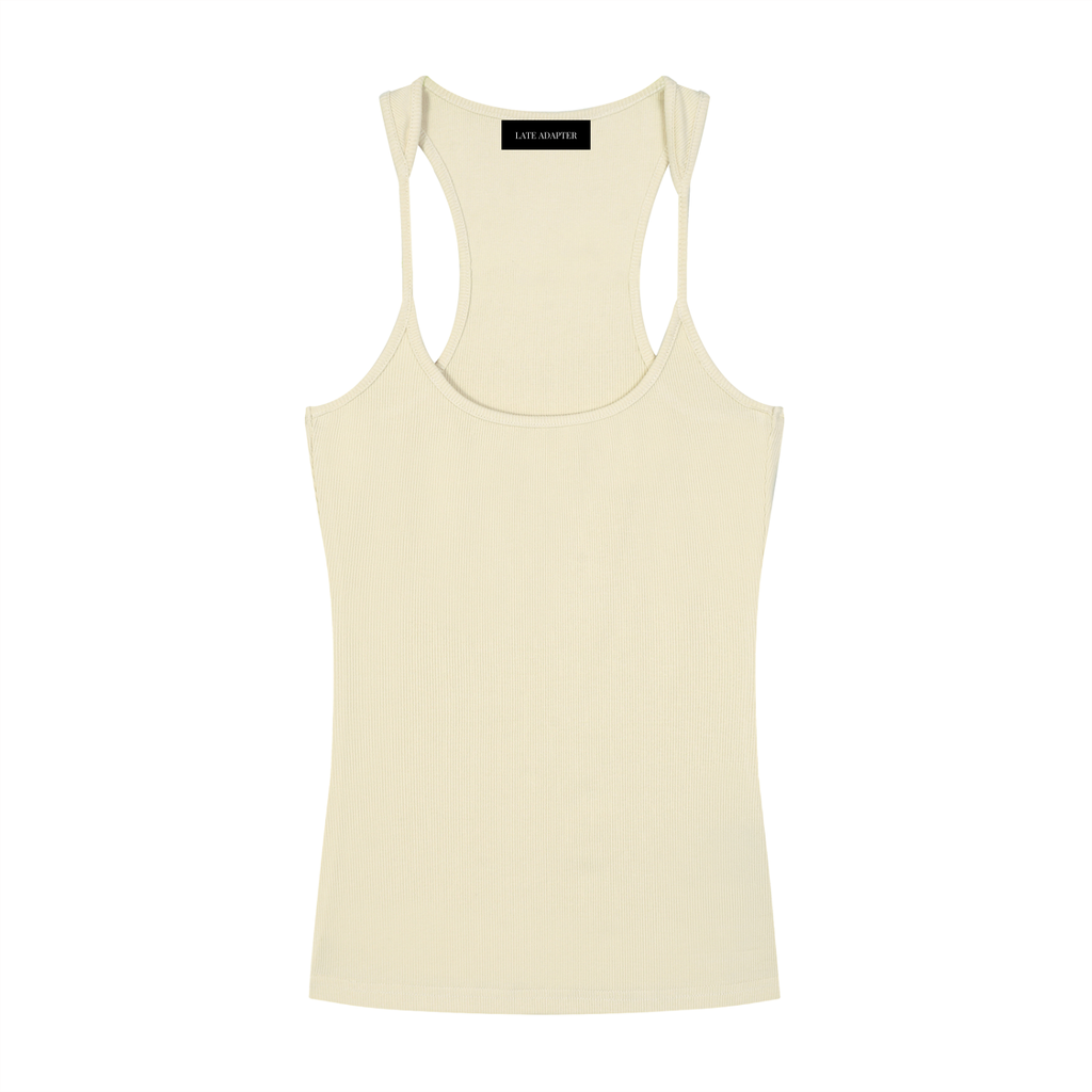 ODMPOD slim fit ribbed racerback tank top displayed on model, showcasing its fitted cut and textured ribbed fabric.