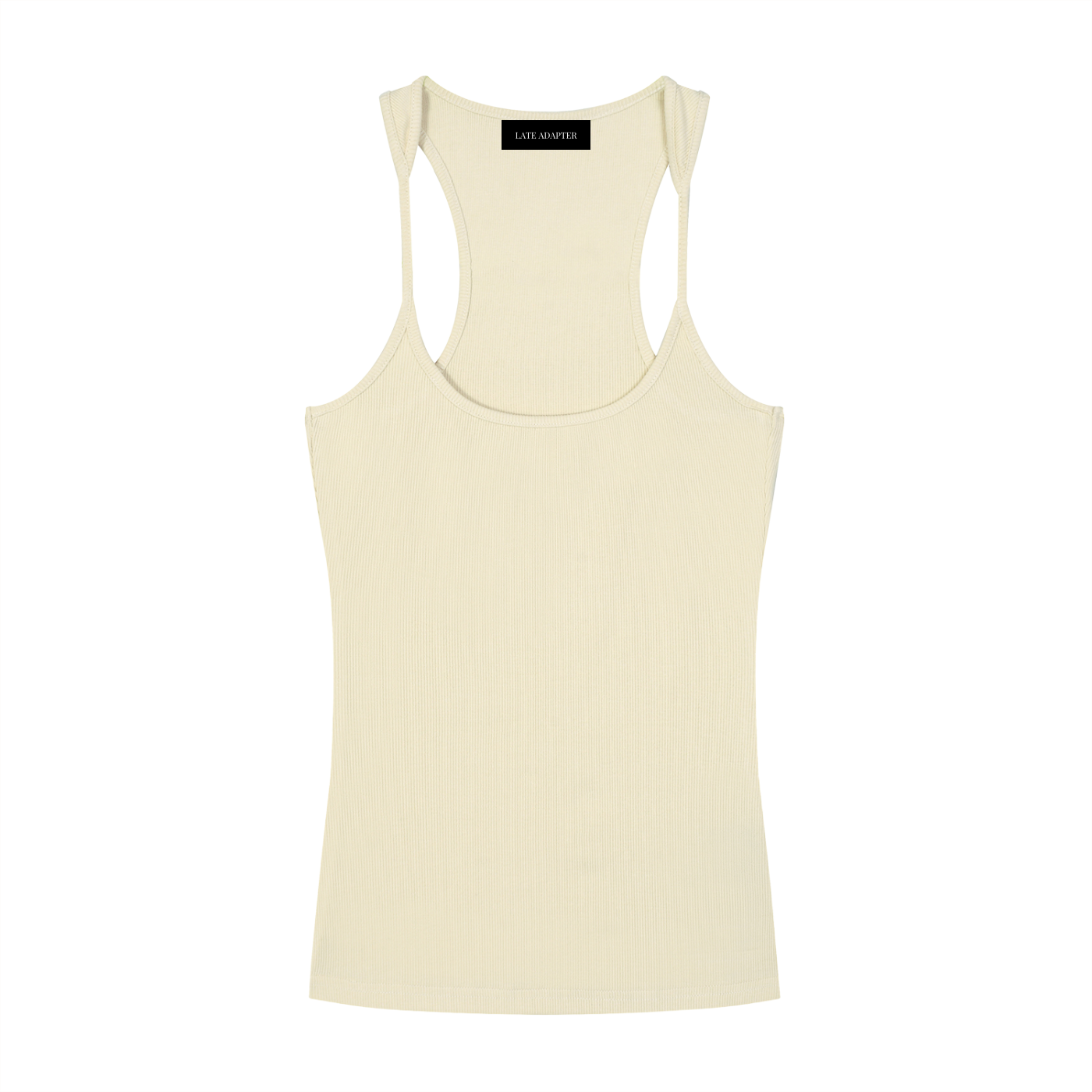 ODMPOD slim fit ribbed racerback tank top displayed on model, showcasing its fitted cut and textured ribbed fabric.
