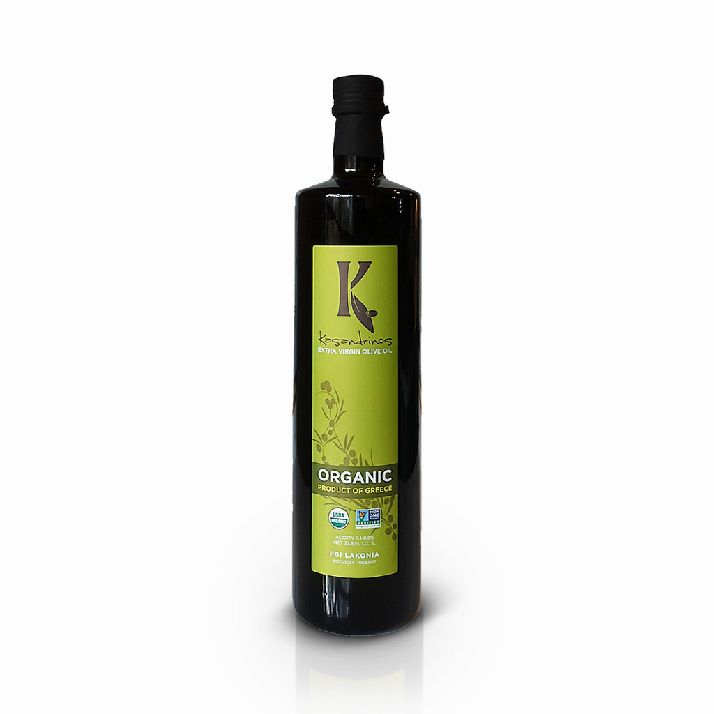Front view of a 1-liter bottle of Kasandrinos International organic extra virgin olive oil.