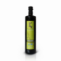 Front view of a 1-liter bottle of Kasandrinos International organic extra virgin olive oil.