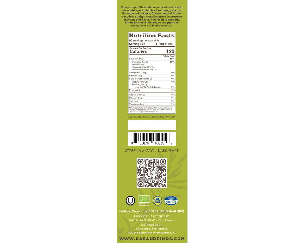 1L bottle of Kasandrinos International organic extra virgin olive oil with label displaying product details and branding.