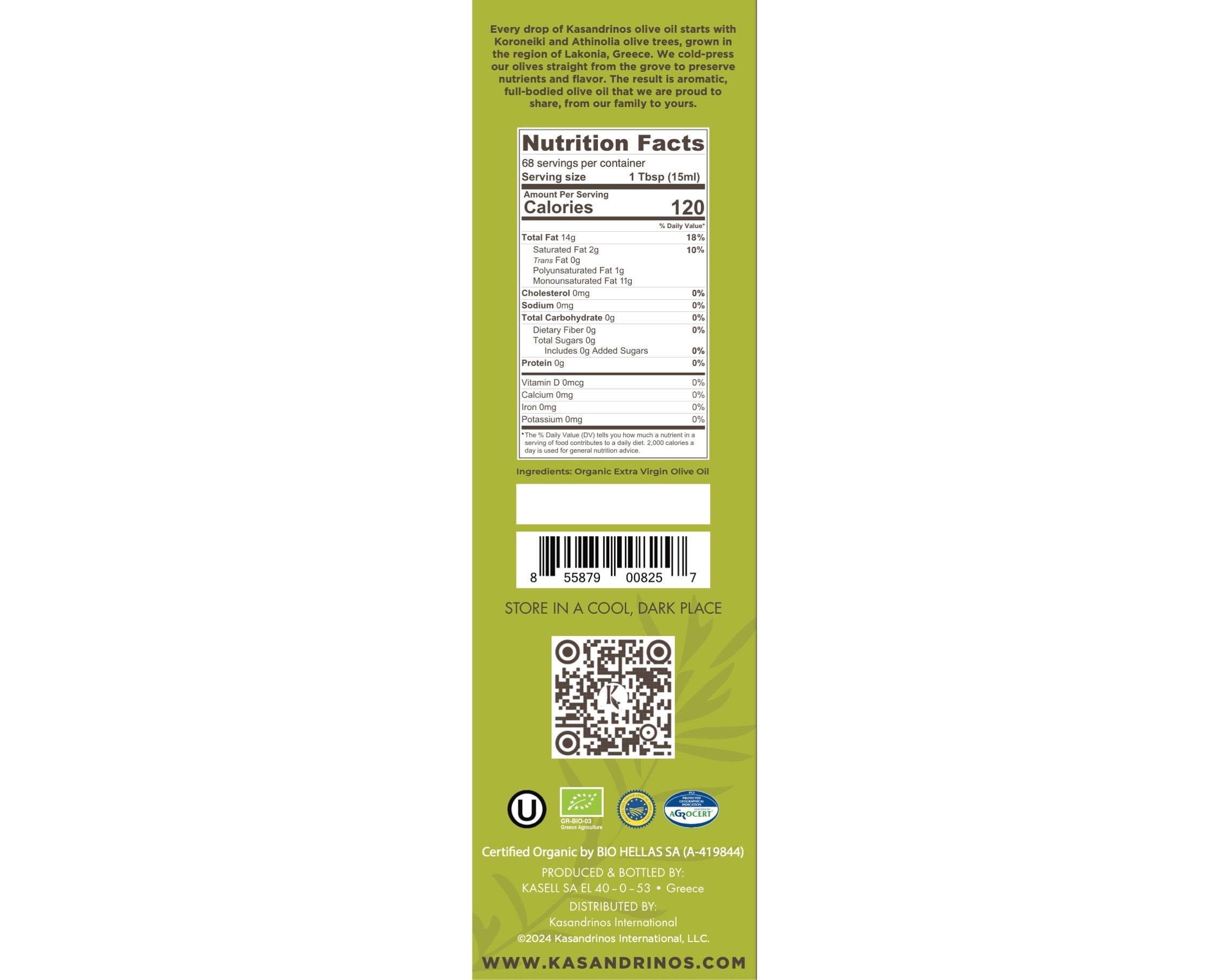 1L bottle of Kasandrinos International organic extra virgin olive oil with label displaying product details and branding.