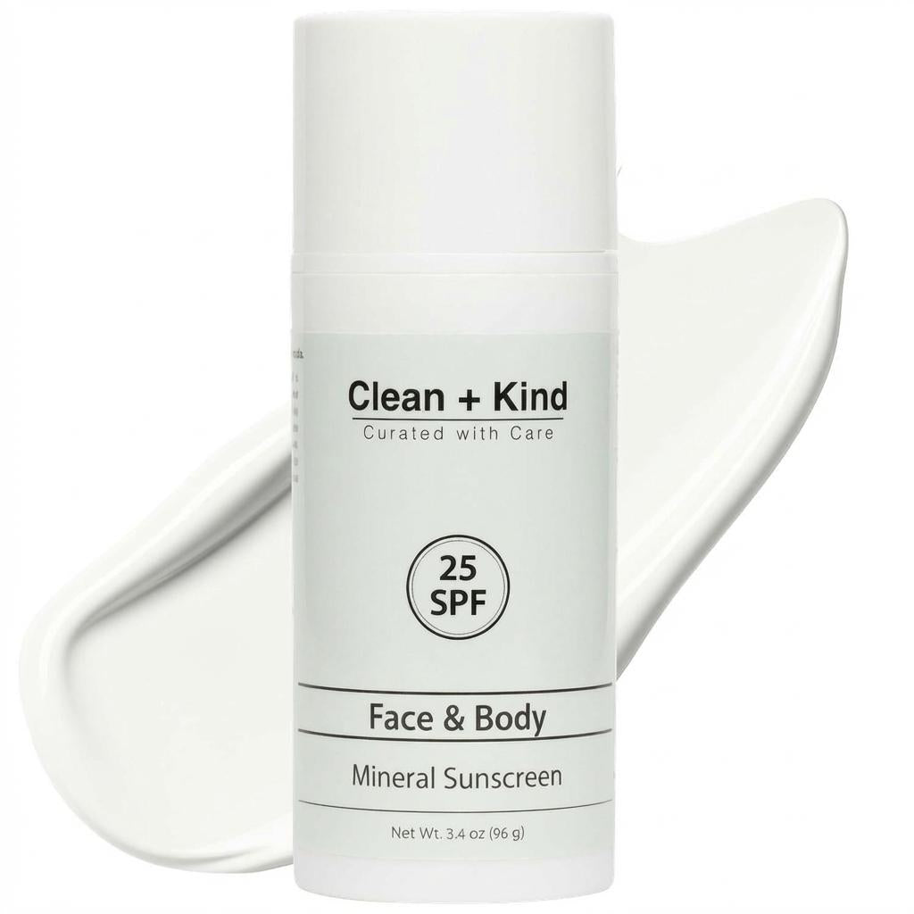 Clean + Kind Tallow Mineral Sunscreen SPF 50 bottle with pump dispenser, showing the sunscreen product and label.