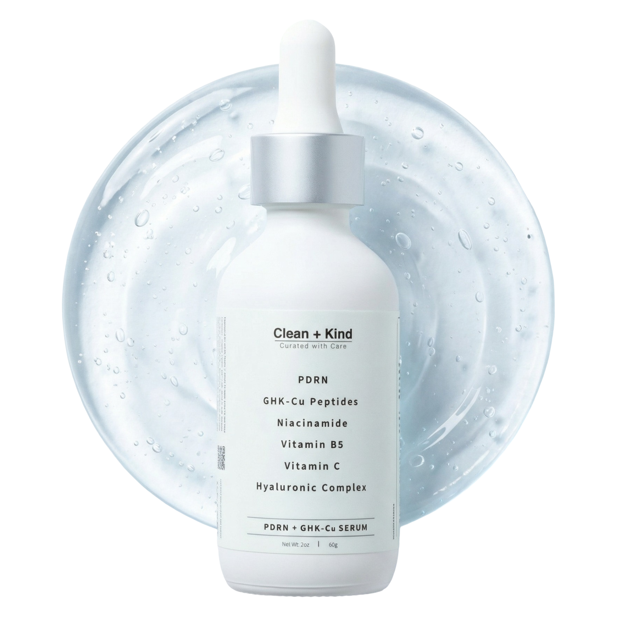 Clean + Kind PDRN GHK-Cu Serum in a clear glass bottle with a white pump, designed for skin rejuvenation and hydration.