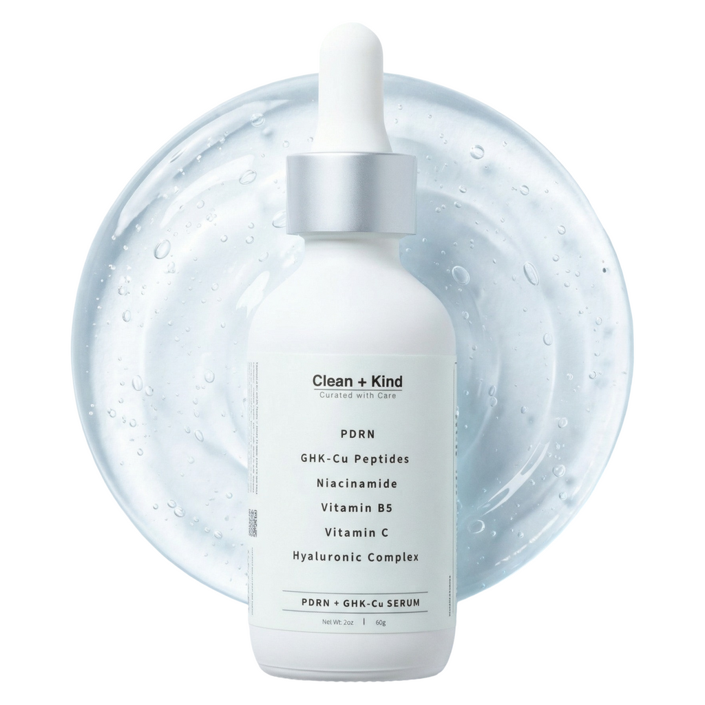 Clean + Kind PDRN and GHK-Cu serum in a clear glass bottle with dropper, showcasing the skincare serum for rejuvenation.