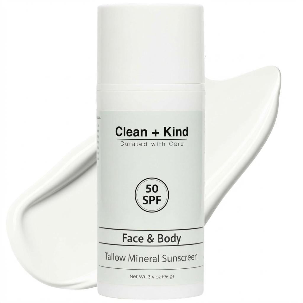 Clean + Kind Tallow Mineral Sunscreen SPF 50 tube, natural sunscreen with mineral ingredients and broad spectrum sun protection