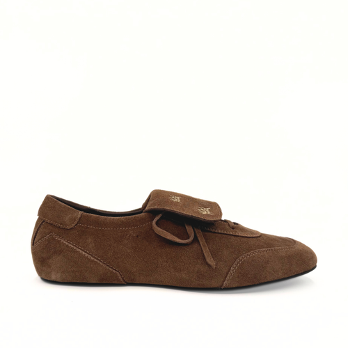 Amie Rafa Chelley Suede Sneakers showing beige suede shoes with white soles and lace-up design.
