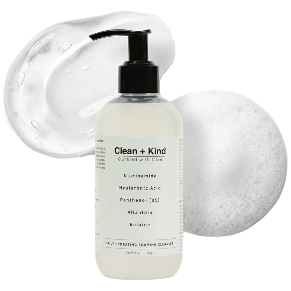 Clean + Kind daily facial cleanser in a white bottle with blue and green accents, designed for gentle skin cleansing.
