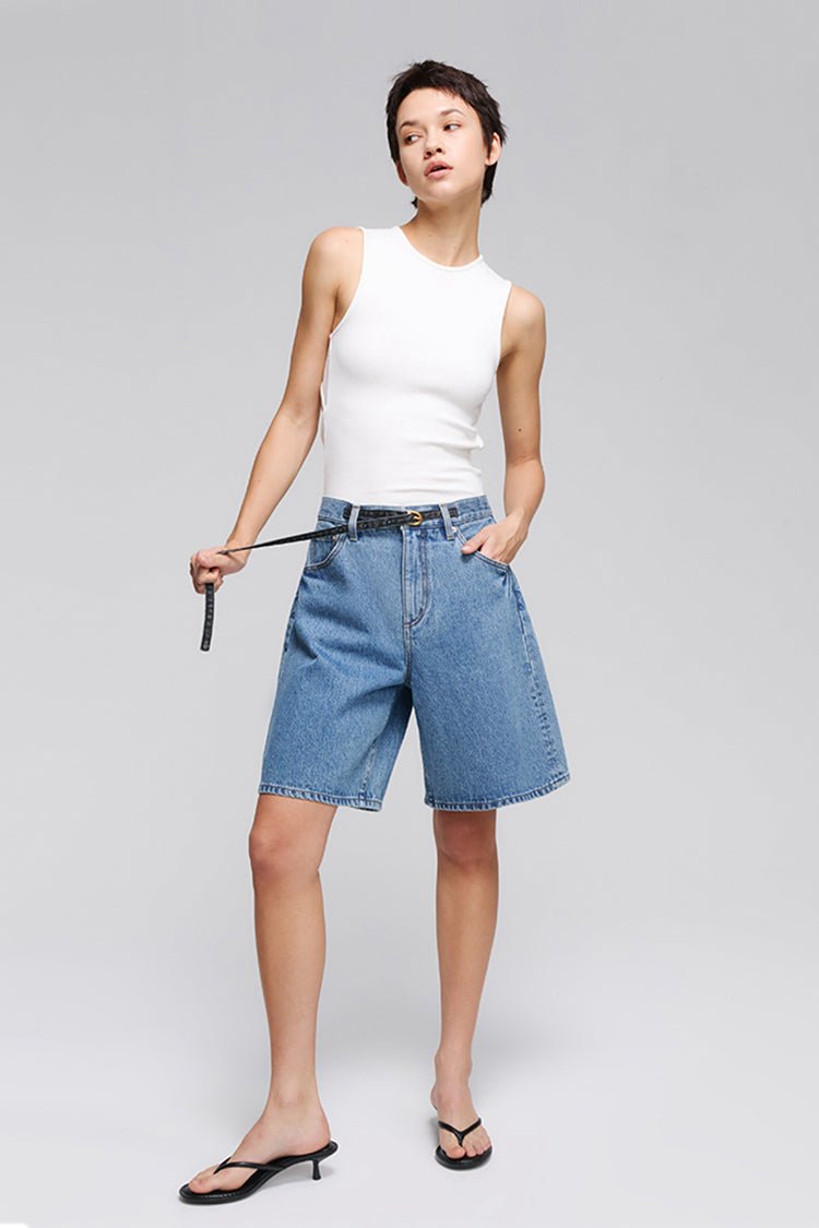 Hey Joanie Easy Rider Bermuda Shorts shown in natural denim, featuring a relaxed fit and casual style perfect for summer wear.
