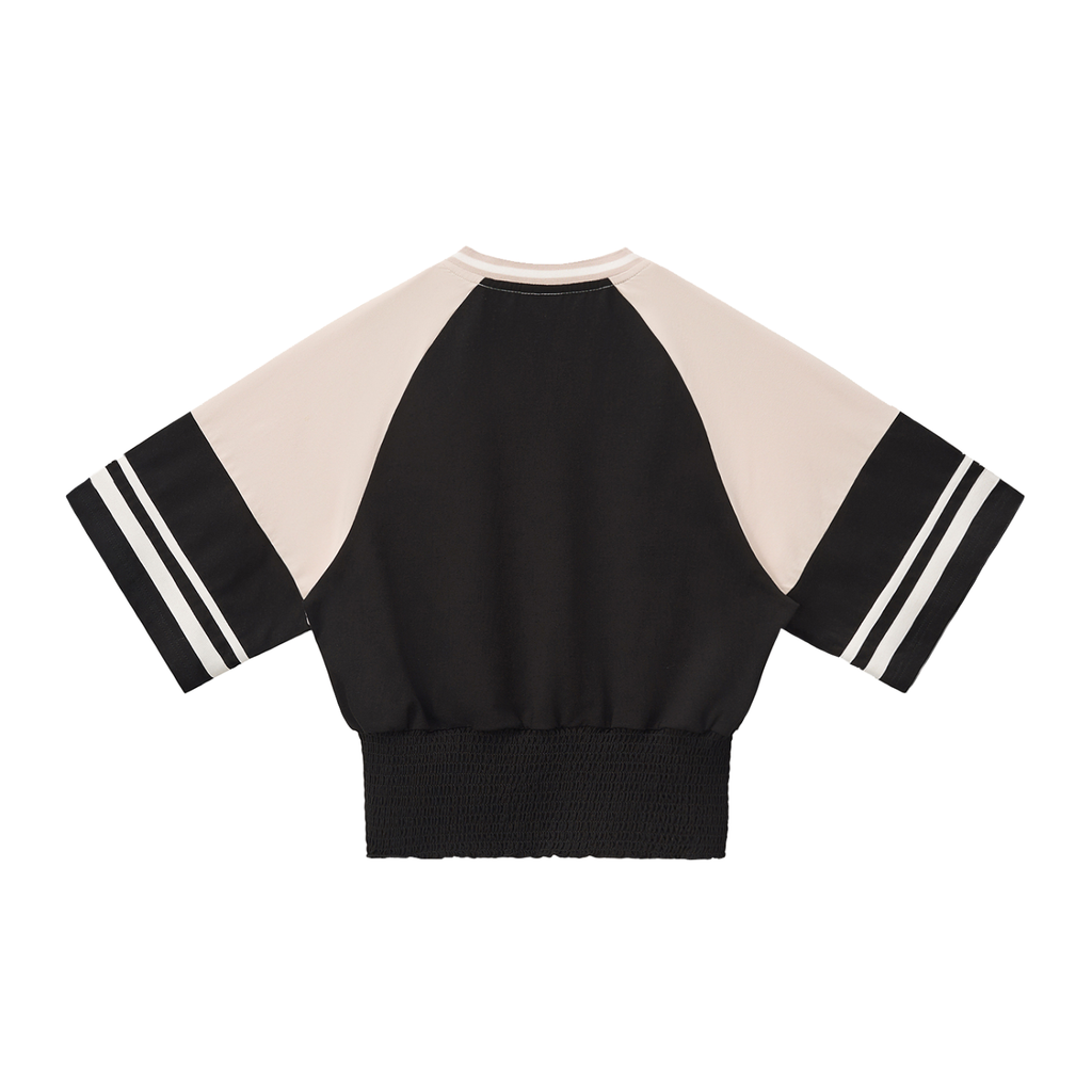 ODMPOD color block ruched T-shirt with vibrant panels and ruched detailing, casual fit, front view.