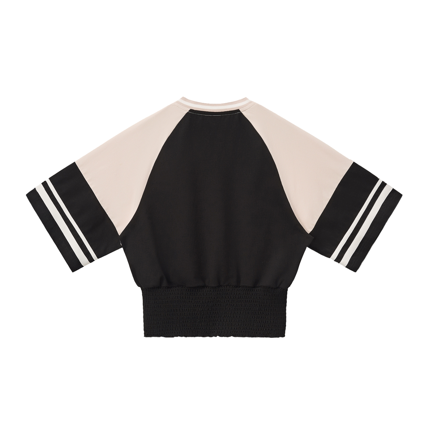ODMPOD color block ruched T-shirt with vibrant panels and ruched detailing, casual fit, front view.