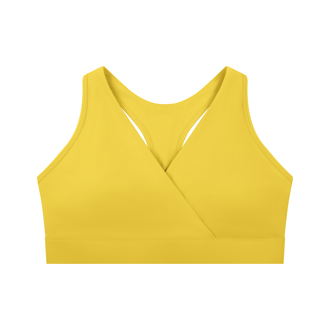 ODMPOD crossover V-neck sports bra showing supportive fit and stylish design in black fabric on a white background.