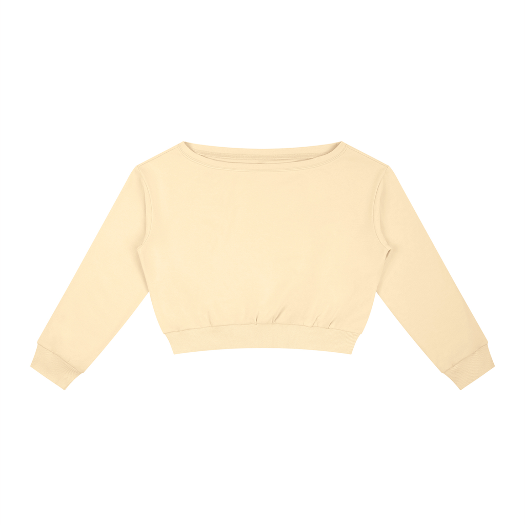ODMPOD off-shoulder sweatshirt featuring a relaxed fit with long sleeves and a casual, stylish design.