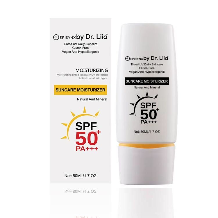 EpiLynx SPF 50 mineral moisturizer for sensitive skin, hydrating vegan suncare with a smooth, creamy texture in a white jar
