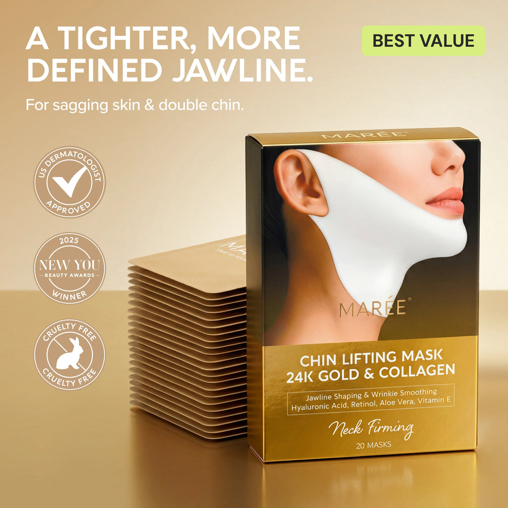 Pack of 20 Maree 24K Gold V-Line Lifting Masks for facial treatment, featuring gold-infused, skin-tightening mask sheets.