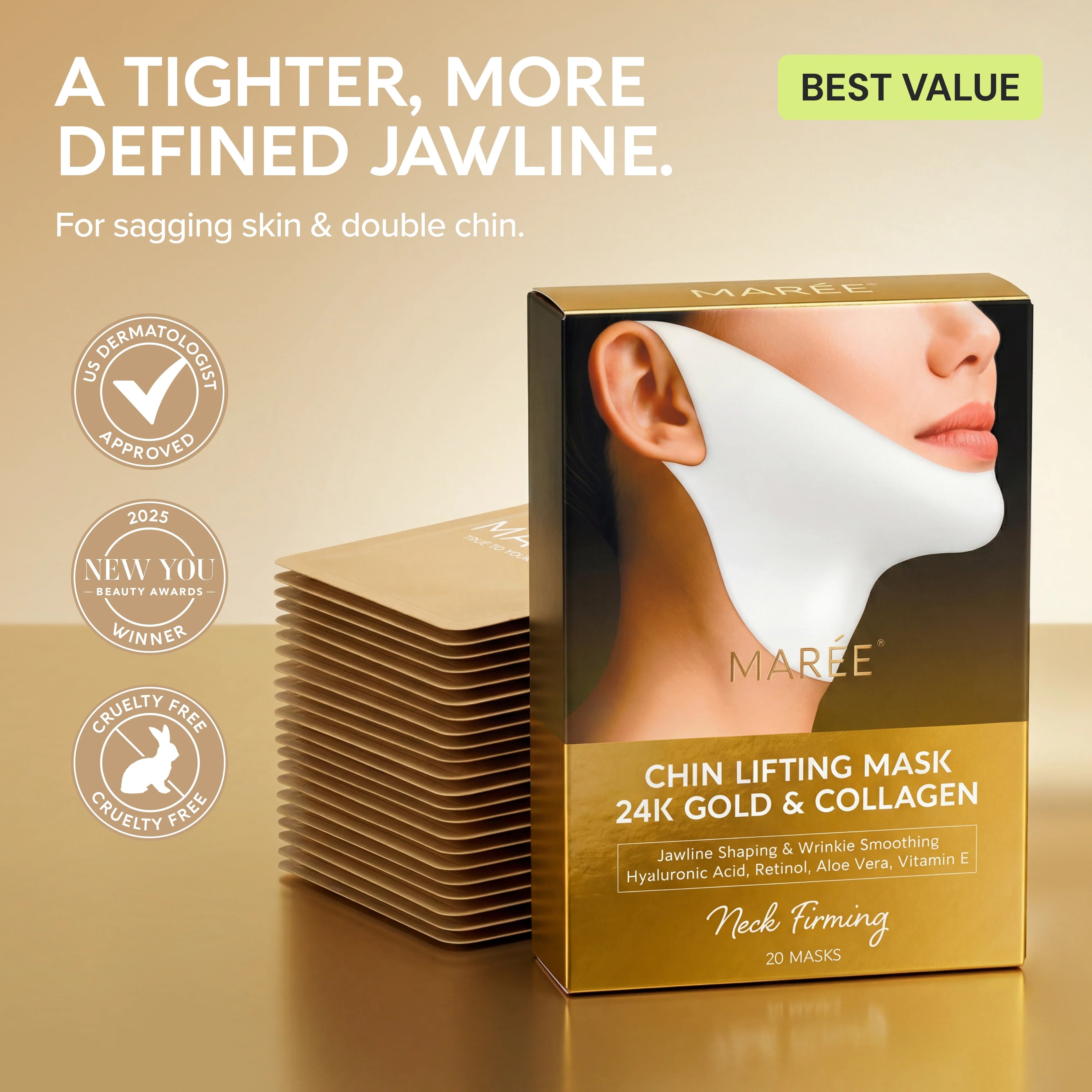 Pack of 20 Maree 24K Gold V-Line Lifting Masks for facial treatment, featuring gold-infused, skin-tightening mask sheets.