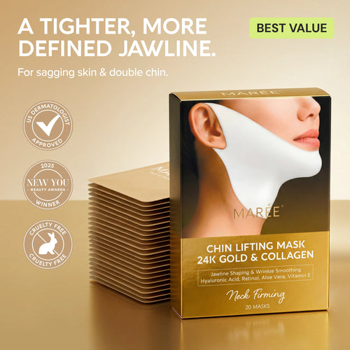Pack of 20 Maree 24K Gold V-Line Lifting Masks for facial treatment, featuring gold-infused, skin-tightening mask sheets.