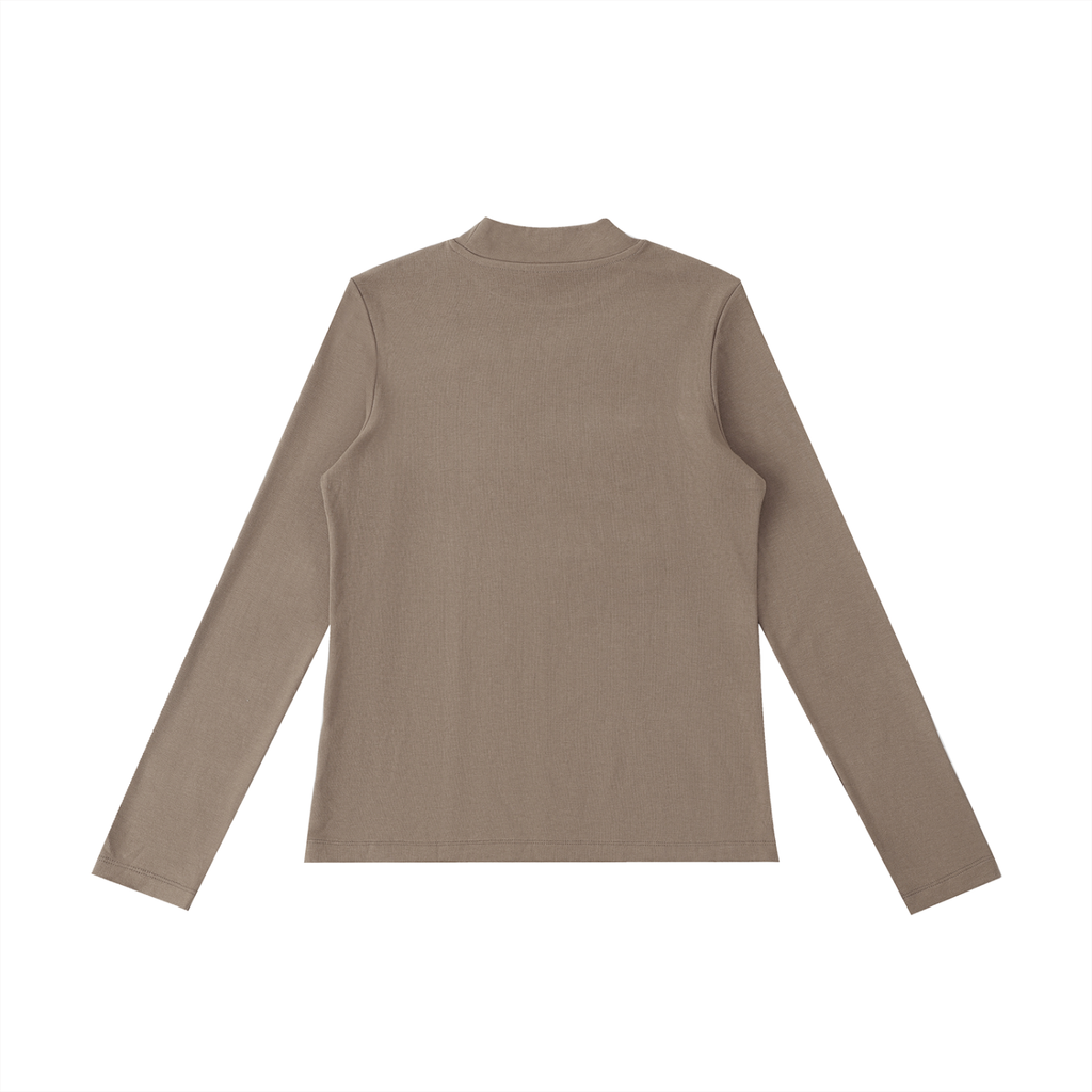 ODMPOD essential mock neck long sleeve T-shirt, close-up view showing soft fabric and fitted style.
