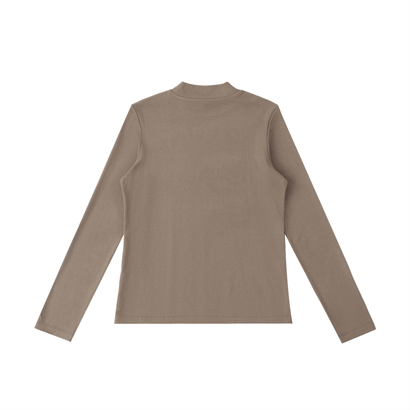ODMPOD essential mock neck long sleeve T-shirt, close-up view showing soft fabric and fitted style.