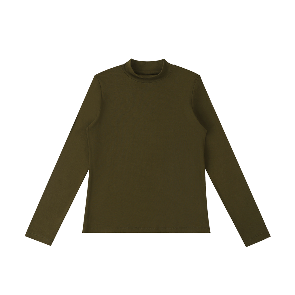 ODMPOD essential mock neck long sleeve T-Shirt, close-up showing soft fabric and fitted design in neutral color.