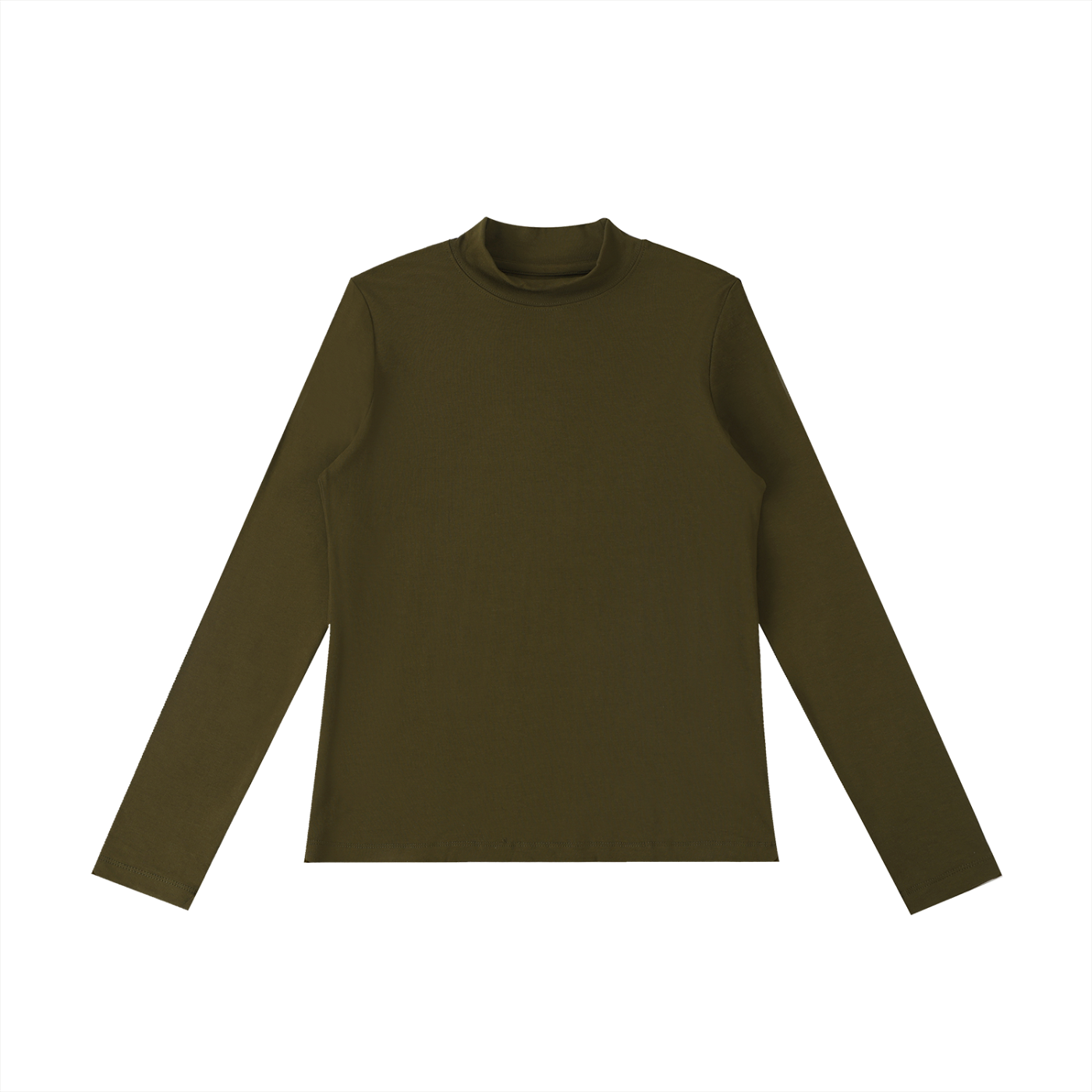 ODMPOD essential mock neck long sleeve T-Shirt, close-up showing soft fabric and fitted design in neutral color.