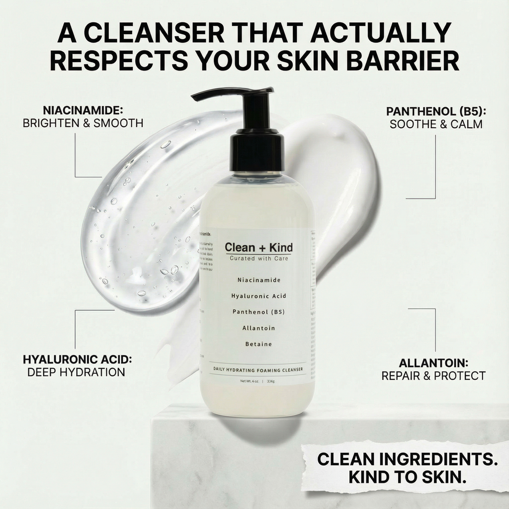 Clean + Kind daily facial cleanser bottle with pump, gentle skincare product for clean and refreshed skin.