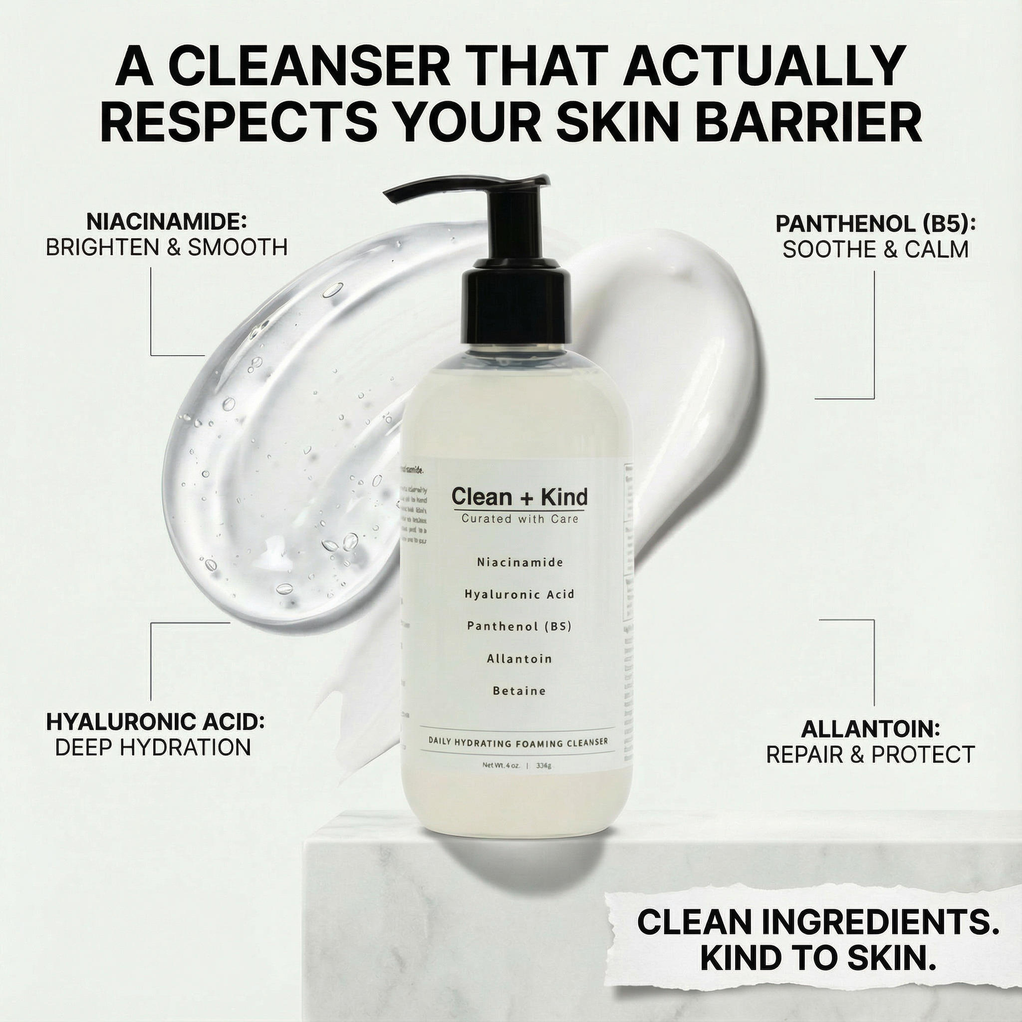 Clean + Kind daily facial cleanser bottle with pump, gentle skincare product for clean and refreshed skin.