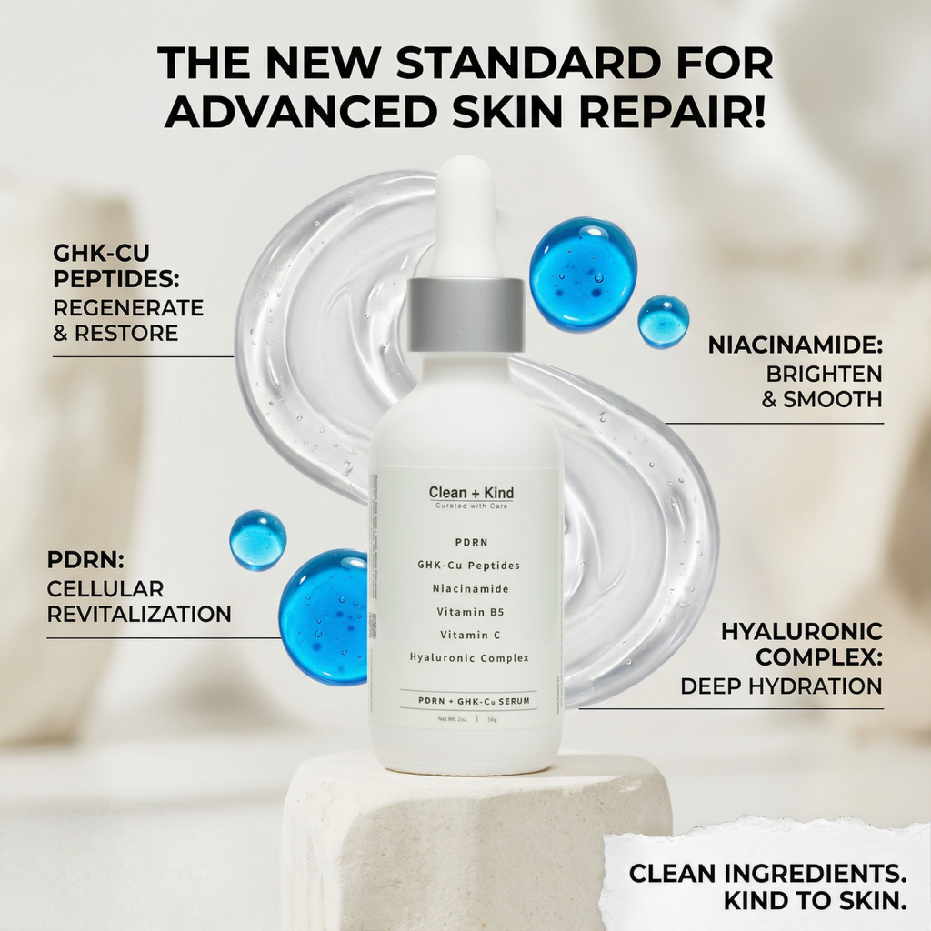 Clean + Kind PDRN GHK-Cu serum bottle with dropper, showing clear glass container and white label on a neutral background.
