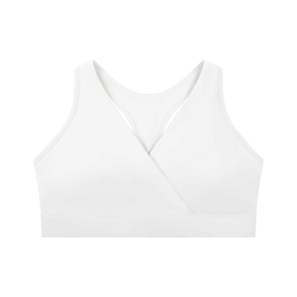 ODMPOD crossover V-neck sports bra with supportive design, featuring a sleek black fabric and sporty V-neck style.
